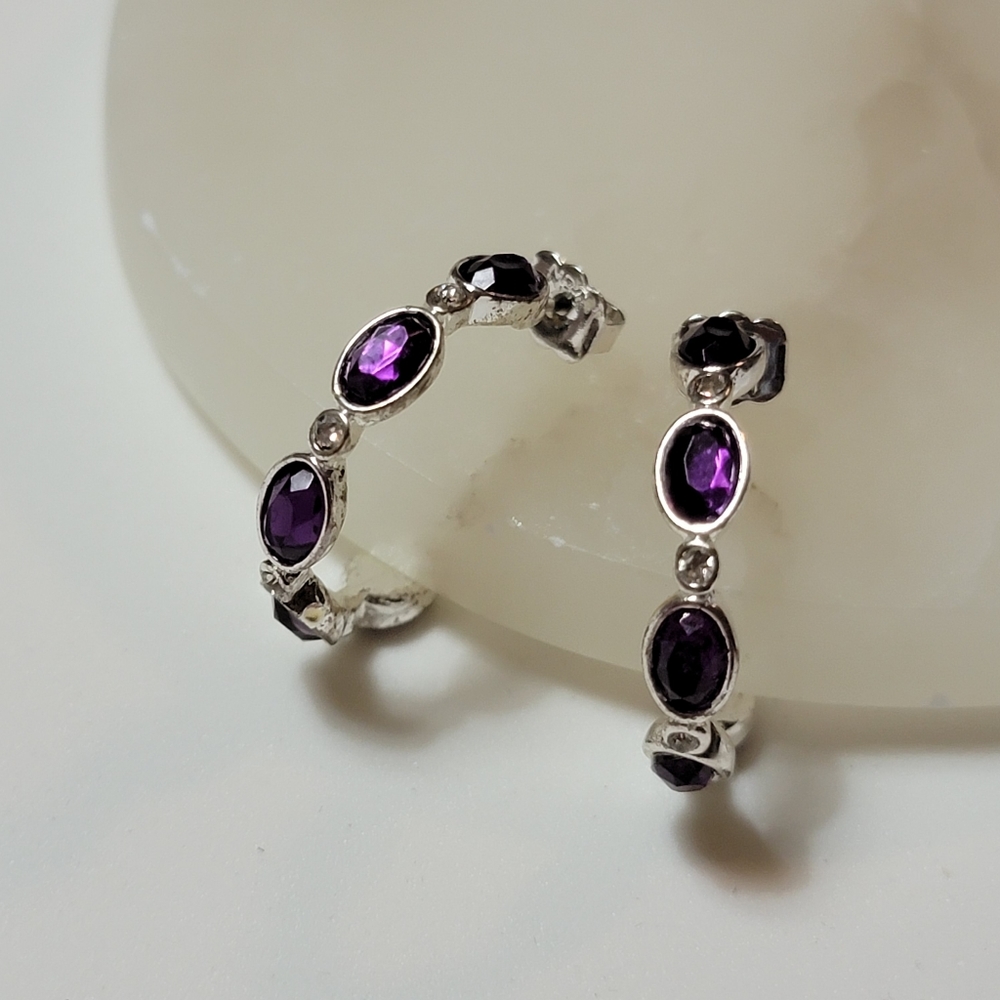 Avon Birthstone-Color Hoop Earrings February Amethyst Silver Tone Rhinestone